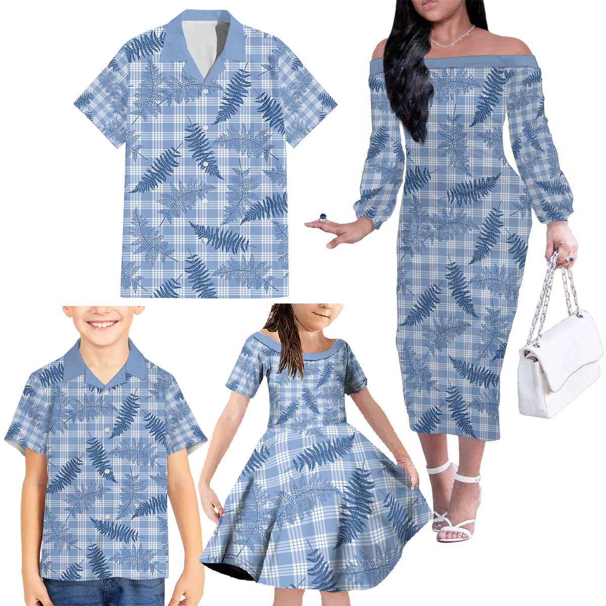 Blue Palaka Hawaii Palapalai Family Matching Off The Shoulder Long Sleeve Dress and Hawaiian Shirt Hawaiian Fern - Polynesian Pride