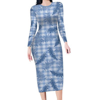 Blue Palaka Hawaii Palapalai Long Sleeve Bodycon Dress Hawaiian Fern - Polynesian Pride