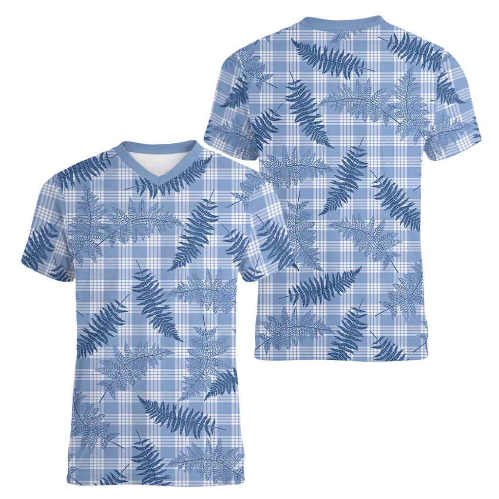 Blue Palaka Hawaii Palapalai Women V-Neck T-Shirt Hawaiian Fern LT14 - Polynesian Pride