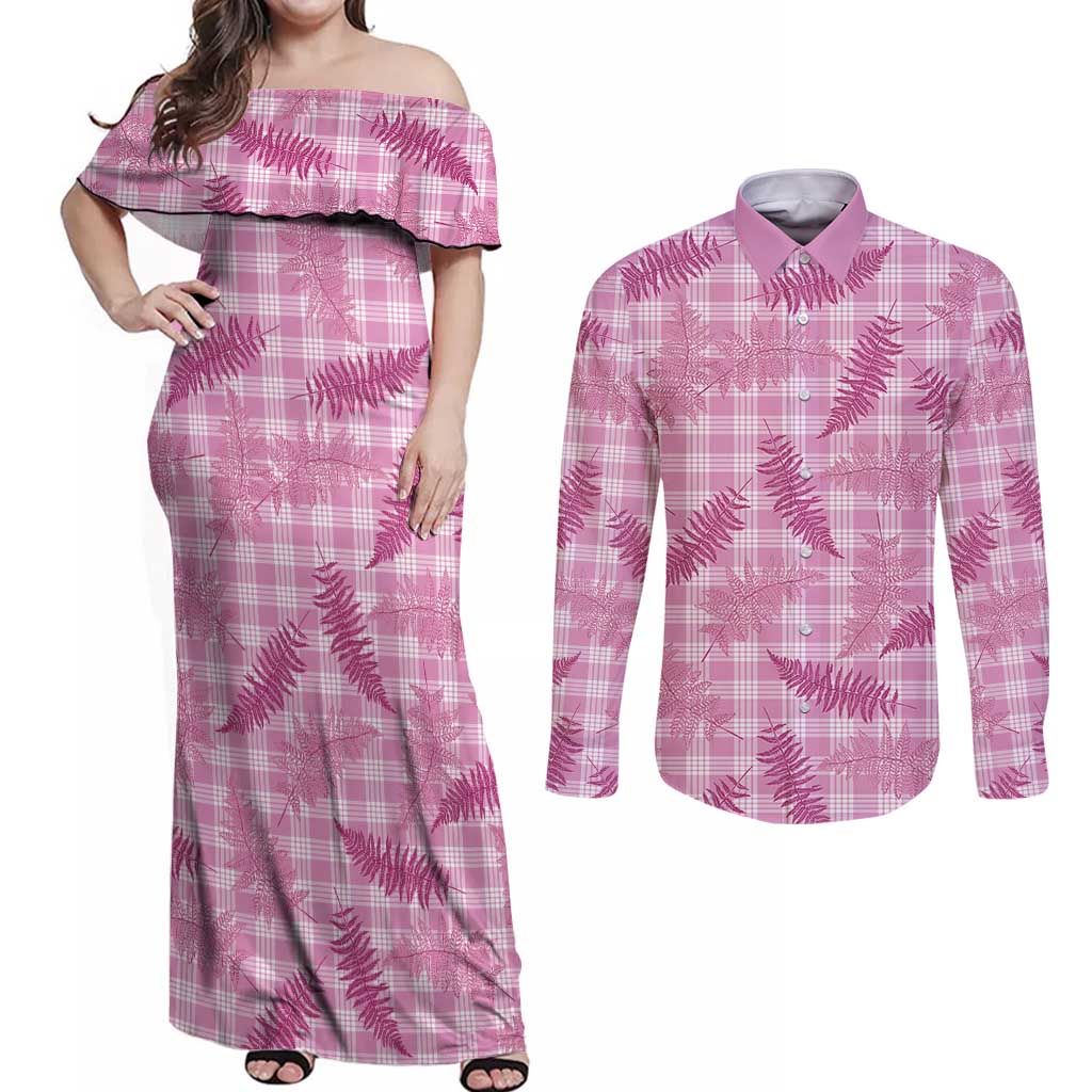 Purple Palaka Hawaii Palapalai Couples Matching Off Shoulder Maxi Dress and Long Sleeve Button Shirt Hawaiian Fern - Polynesian Pride