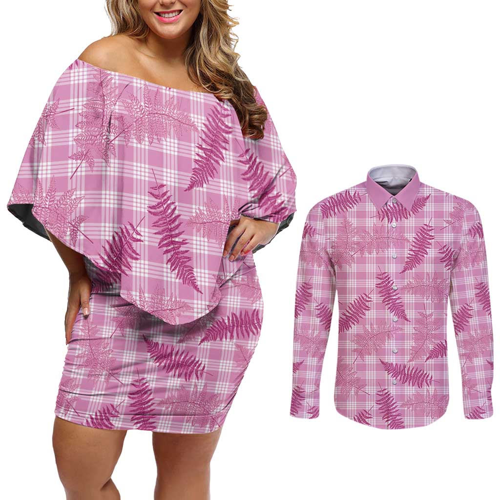 Purple Palaka Hawaii Palapalai Couples Matching Off Shoulder Short Dress and Long Sleeve Button Shirt Hawaiian Fern - Polynesian Pride