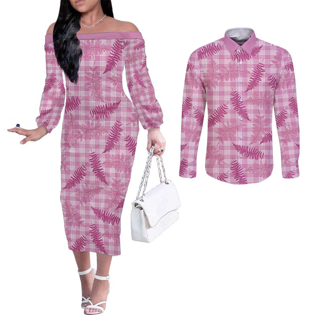 Purple Palaka Hawaii Palapalai Couples Matching Off The Shoulder Long Sleeve Dress and Long Sleeve Button Shirt Hawaiian Fern - Polynesian Pride