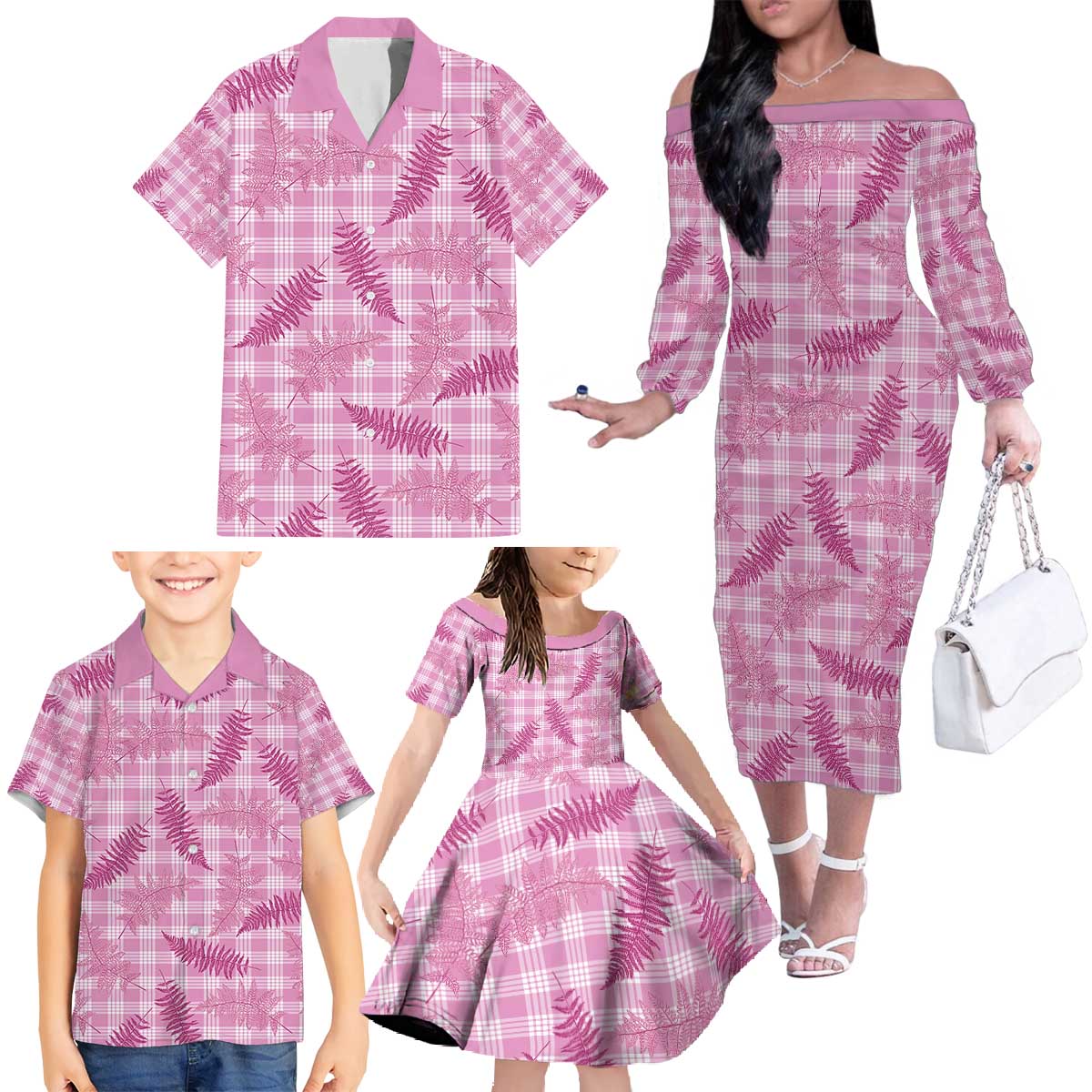 Purple Palaka Hawaii Palapalai Family Matching Off The Shoulder Long Sleeve Dress and Hawaiian Shirt Hawaiian Fern - Polynesian Pride