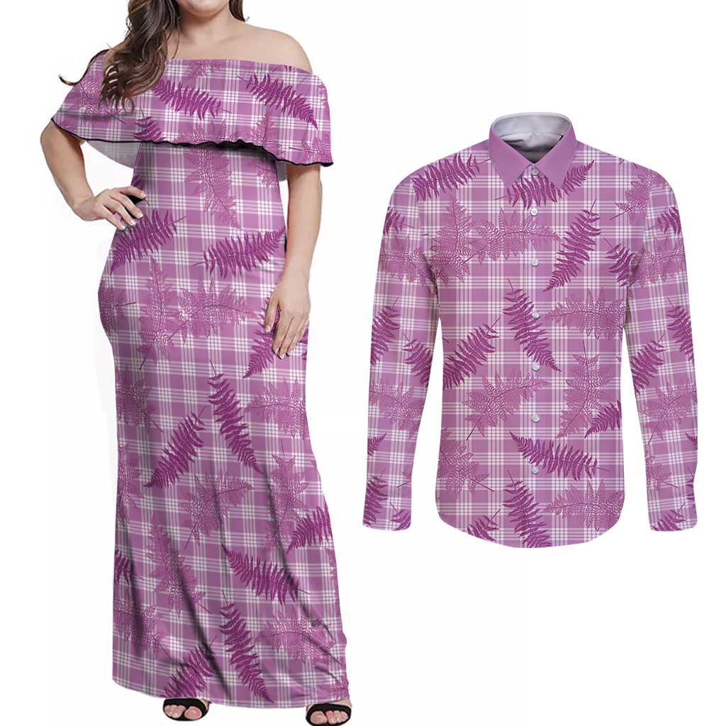 Pink Palaka Hawaii Palapalai Couples Matching Off Shoulder Maxi Dress and Long Sleeve Button Shirt Hawaiian Fern - Polynesian Pride