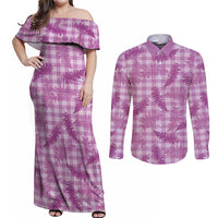 Pink Palaka Hawaii Palapalai Couples Matching Off Shoulder Maxi Dress and Long Sleeve Button Shirt Hawaiian Fern - Polynesian Pride