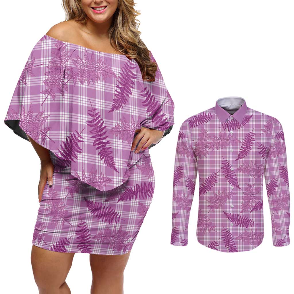 Pink Palaka Hawaii Palapalai Couples Matching Off Shoulder Short Dress and Long Sleeve Button Shirt Hawaiian Fern - Polynesian Pride