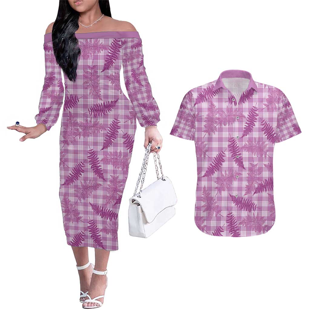 Pink Palaka Hawaii Palapalai Couples Matching Off The Shoulder Long Sleeve Dress and Hawaiian Shirt Hawaiian Fern - Polynesian Pride