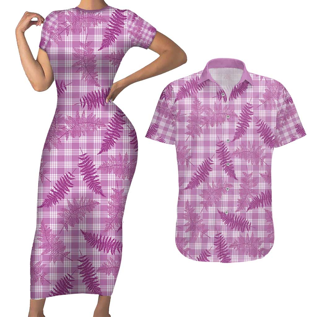 Pink Palaka Hawaii Palapalai Couples Matching Short Sleeve Bodycon Dress and Hawaiian Shirt Hawaiian Fern - Polynesian Pride
