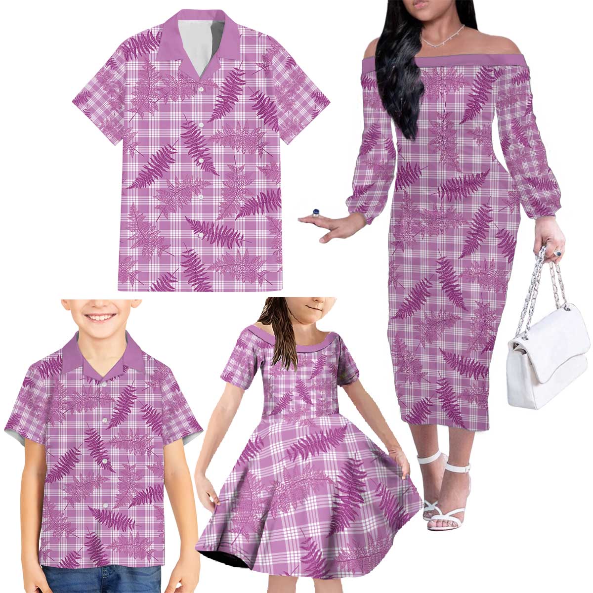 Pink Palaka Hawaii Palapalai Family Matching Off The Shoulder Long Sleeve Dress and Hawaiian Shirt Hawaiian Fern - Polynesian Pride
