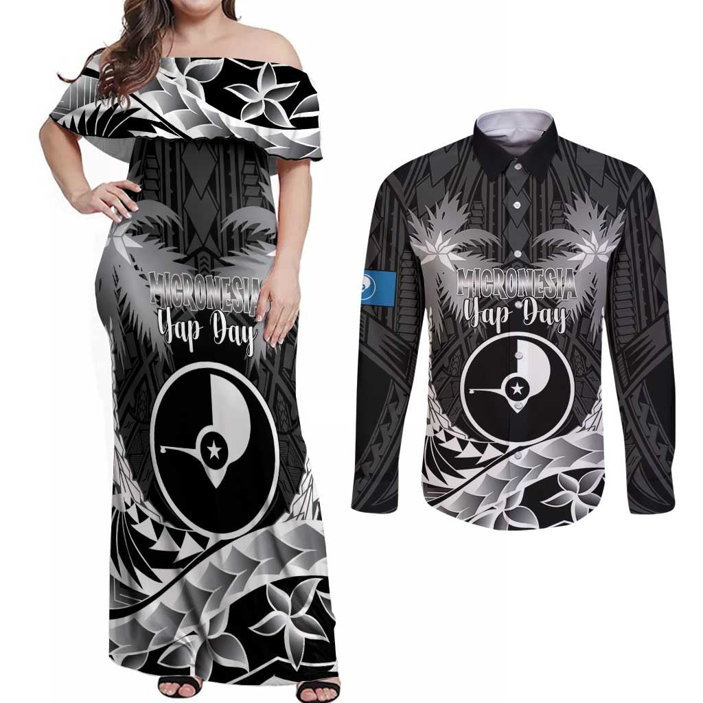 FSM Yap Day Couples Matching Off Shoulder Maxi Dress and Long Sleeve Button Shirt 2025 Wa'ab Micronesia Black Color