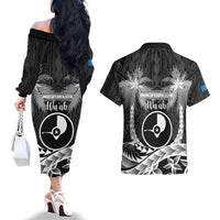 FSM Yap Day Couples Matching Off The Shoulder Long Sleeve Dress and Hawaiian Shirt 2025 Wa'ab Micronesia Black Color