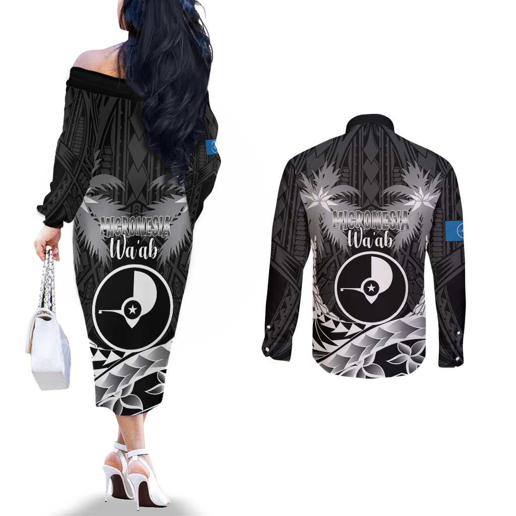 FSM Yap Day Couples Matching Off The Shoulder Long Sleeve Dress and Long Sleeve Button Shirt 2025 Wa'ab Micronesia Black Color