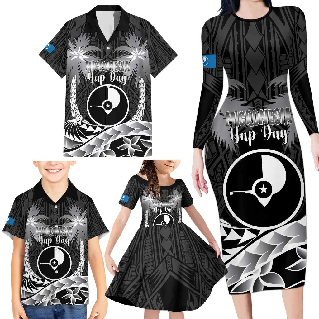 FSM Yap Day Family Matching Long Sleeve Bodycon Dress and Hawaiian Shirt 2025 Wa'ab Micronesia Black Color