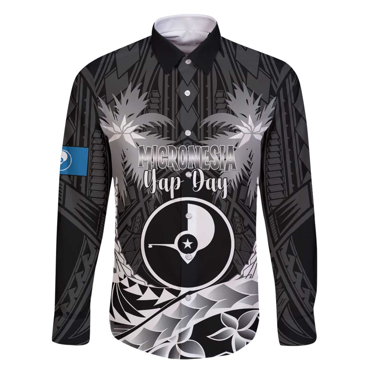 FSM Yap Day Family Matching Off The Shoulder Long Sleeve Dress and Hawaiian Shirt 2025 Wa'ab Micronesia Black Color