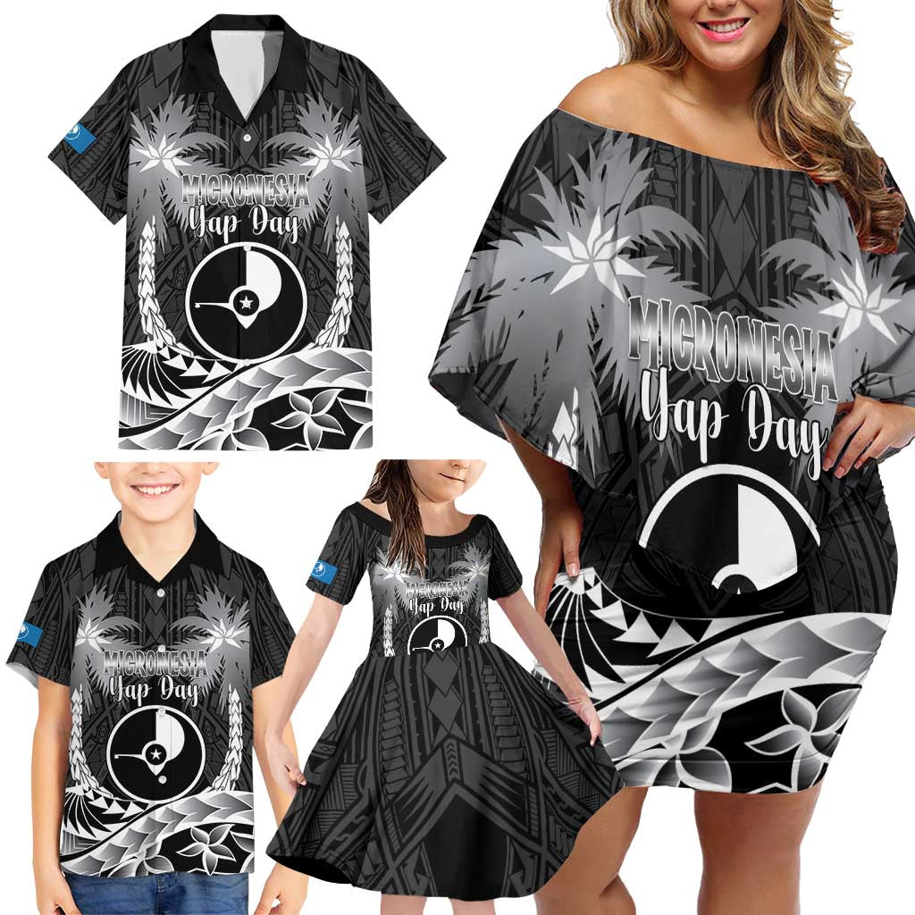 FSM Yap Day Family Matching Off Shoulder Short Dress and Hawaiian Shirt 2025 Wa'ab Micronesia Black Color