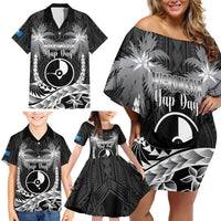 FSM Yap Day Family Matching Off Shoulder Short Dress and Hawaiian Shirt 2025 Wa'ab Micronesia Black Color
