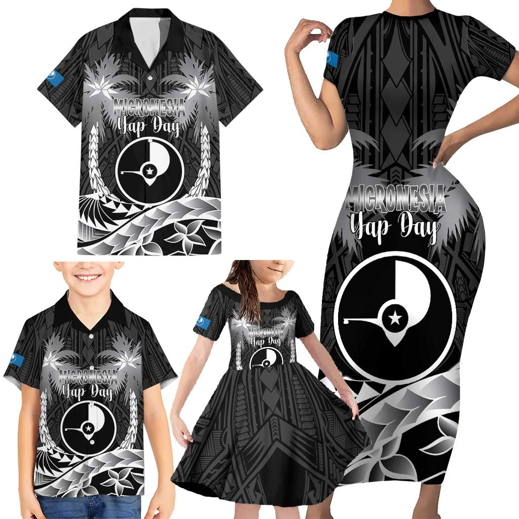 FSM Yap Day Family Matching Short Sleeve Bodycon Dress and Hawaiian Shirt 2025 Wa'ab Micronesia Black Color