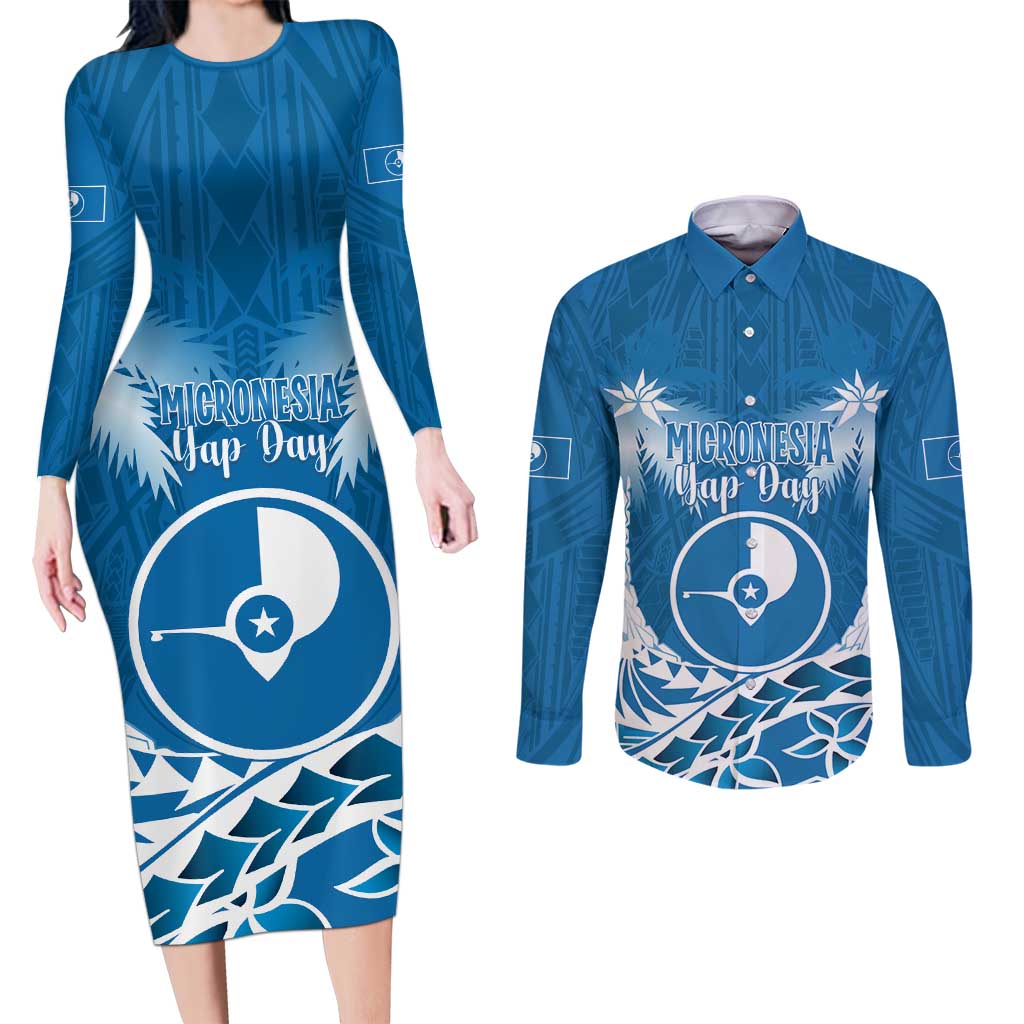 FSM Yap Day Couples Matching Long Sleeve Bodycon Dress and Long Sleeve Button Shirt 2025 Wa'ab Micronesia Flag Color