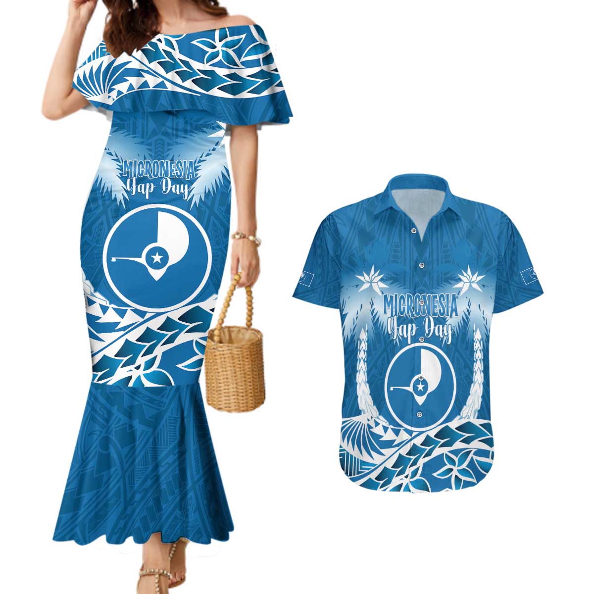 FSM Yap Day Couples Matching Mermaid Dress and Hawaiian Shirt 2025 Wa'ab Micronesia Flag Color