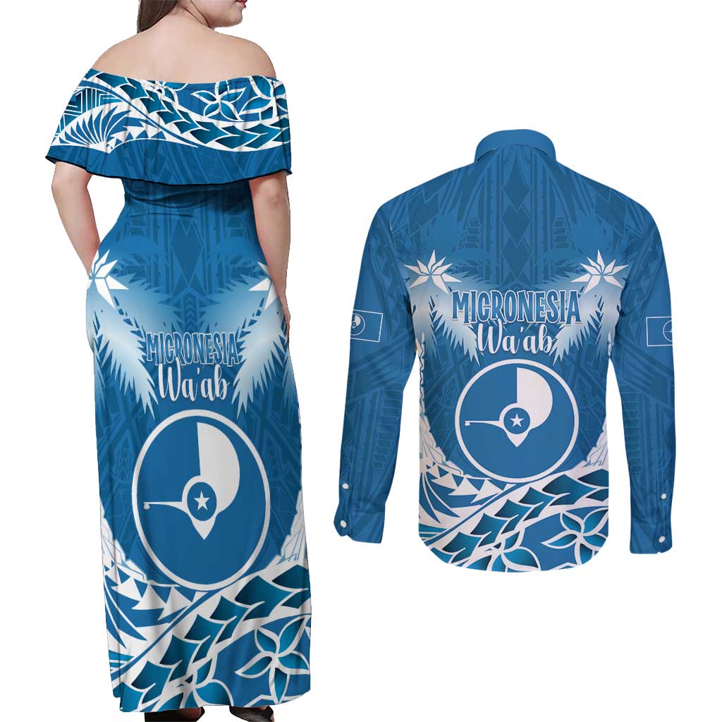 FSM Yap Day Couples Matching Off Shoulder Maxi Dress and Long Sleeve Button Shirt 2025 Wa'ab Micronesia Flag Color