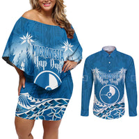 FSM Yap Day Couples Matching Off Shoulder Short Dress and Long Sleeve Button Shirt 2025 Wa'ab Micronesia Flag Color