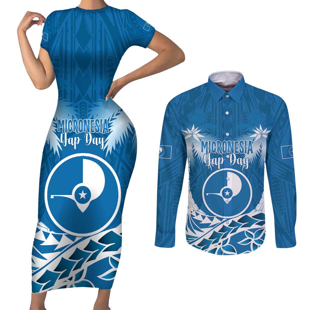 FSM Yap Day Couples Matching Short Sleeve Bodycon Dress and Long Sleeve Button Shirt 2025 Wa'ab Micronesia Flag Color