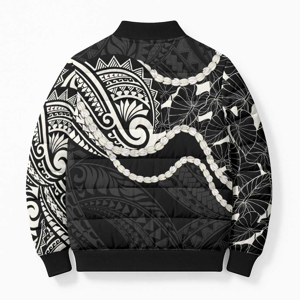 Aloha Hawaii Kalo Pikake Lei Bomber Puffer Jacket Chest Tattoo Black Hawaiian Pattern LT14 - Polynesian Pride