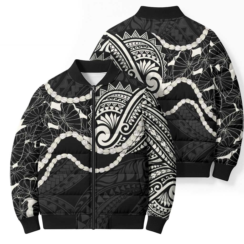 Aloha Hawaii Kalo Pikake Lei Bomber Puffer Jacket Chest Tattoo Black Hawaiian Pattern LT14 - Polynesian Pride