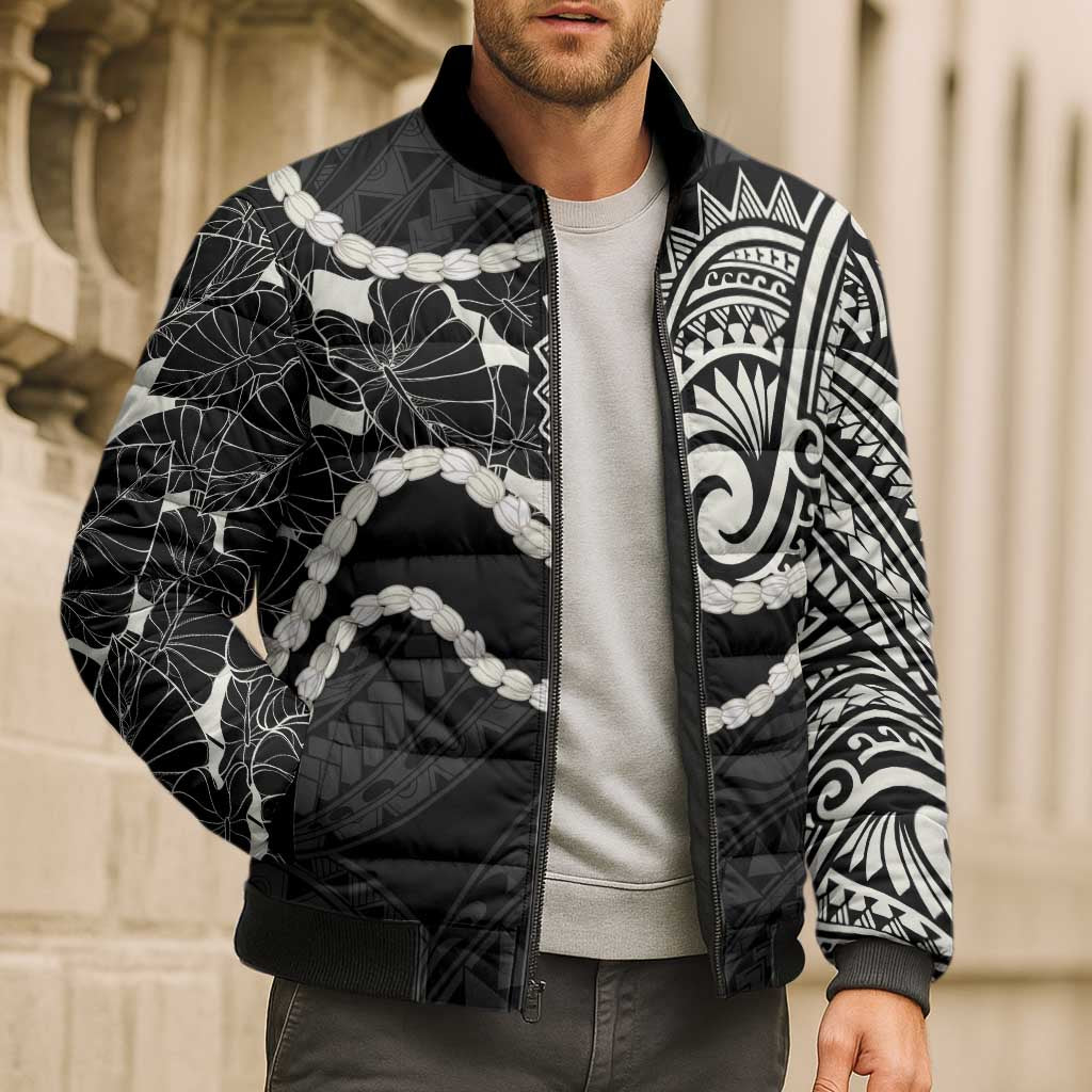 Aloha Hawaii Kalo Pikake Lei Bomber Puffer Jacket Chest Tattoo Black Hawaiian Pattern LT14 - Polynesian Pride