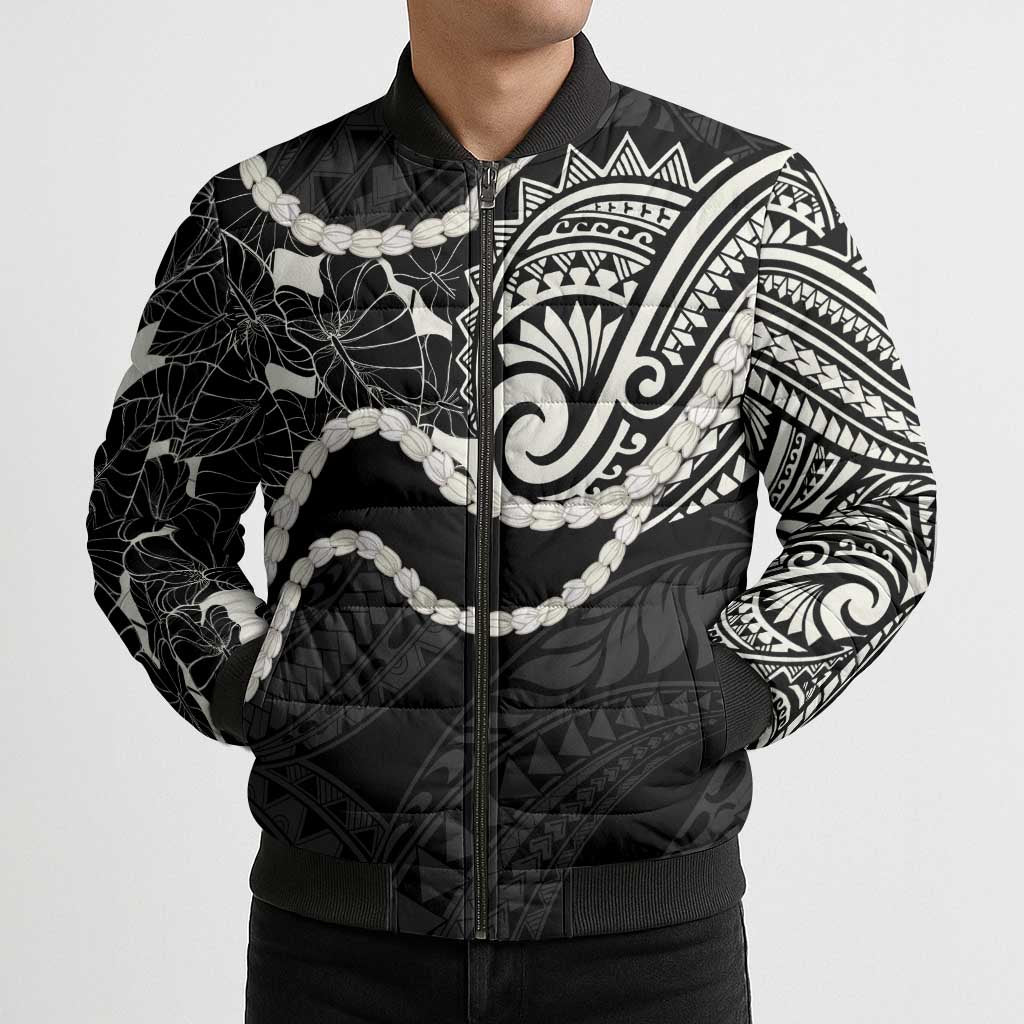 Aloha Hawaii Kalo Pikake Lei Bomber Puffer Jacket Chest Tattoo Black Hawaiian Pattern LT14 - Polynesian Pride