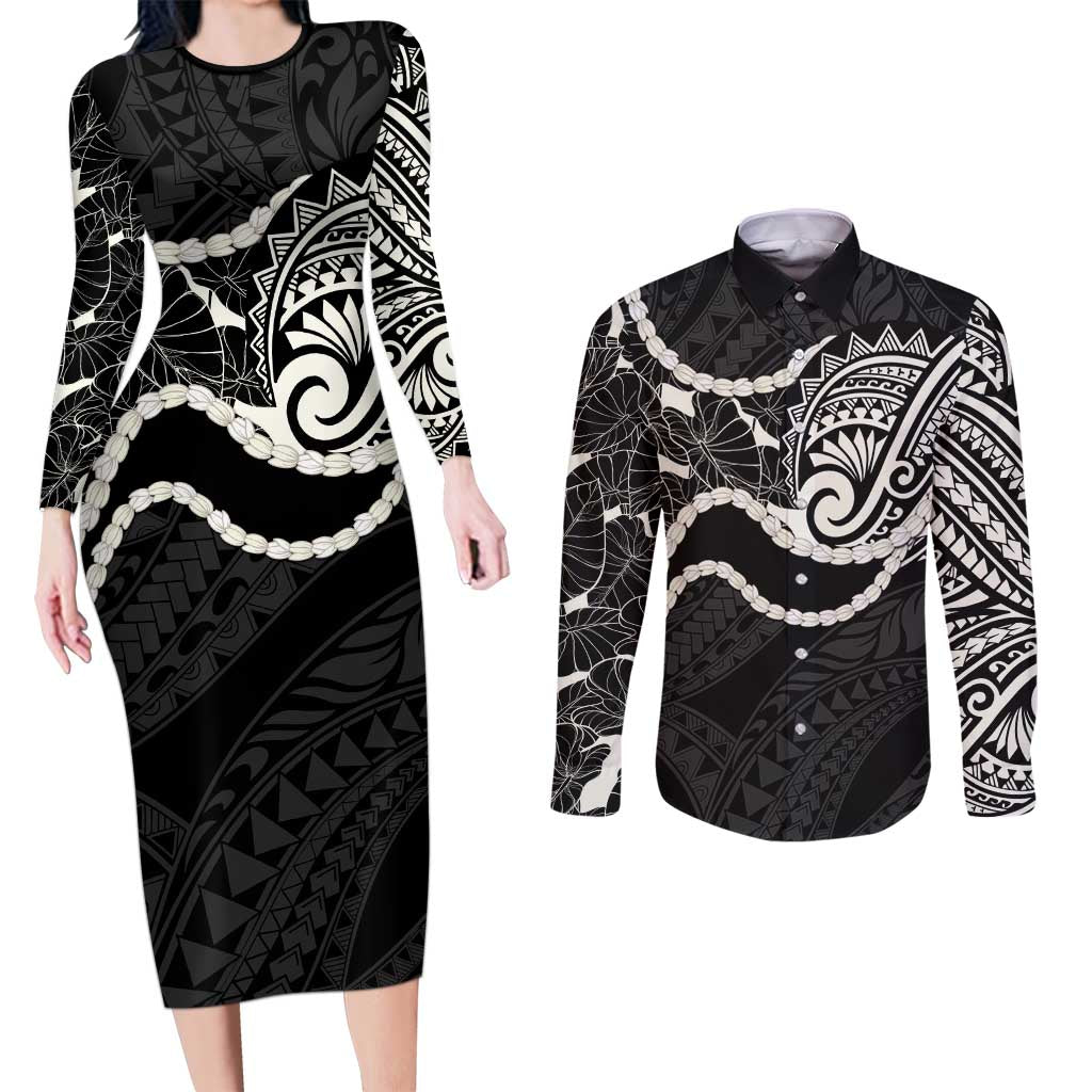 Aloha Hawaii Kalo Pikake Lei Couples Matching Long Sleeve Bodycon Dress and Long Sleeve Button Shirt Chest Tattoo Black Hawaiian Pattern LT14 Black - Polynesian Pride