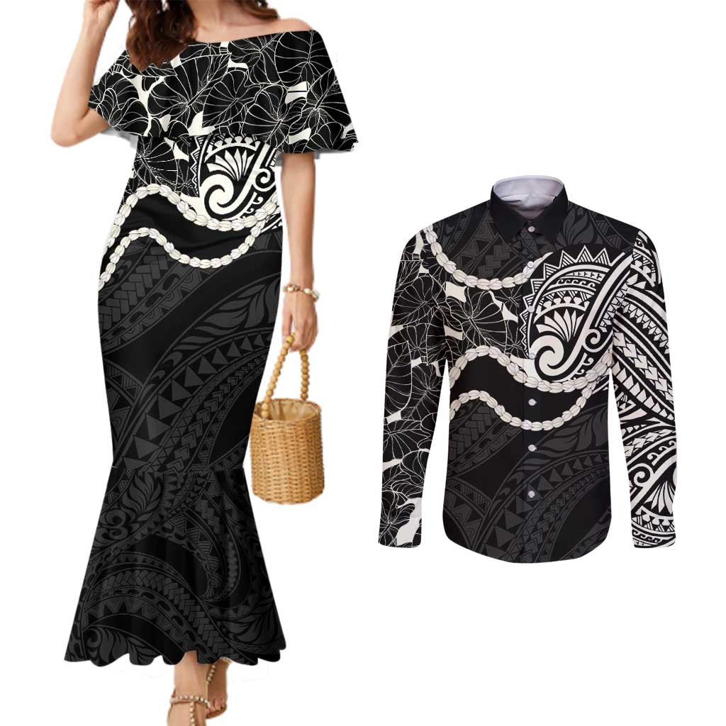 Aloha Hawaii Kalo Pikake Lei Couples Matching Mermaid Dress and Long Sleeve Button Shirt Chest Tattoo Black Hawaiian Pattern LT14 Black - Polynesian Pride
