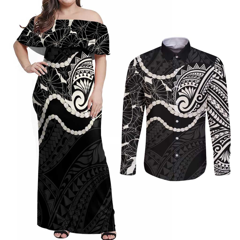 Aloha Hawaii Kalo Pikake Lei Couples Matching Off Shoulder Maxi Dress and Long Sleeve Button Shirt Chest Tattoo Black Hawaiian Pattern LT14 Black - Polynesian Pride
