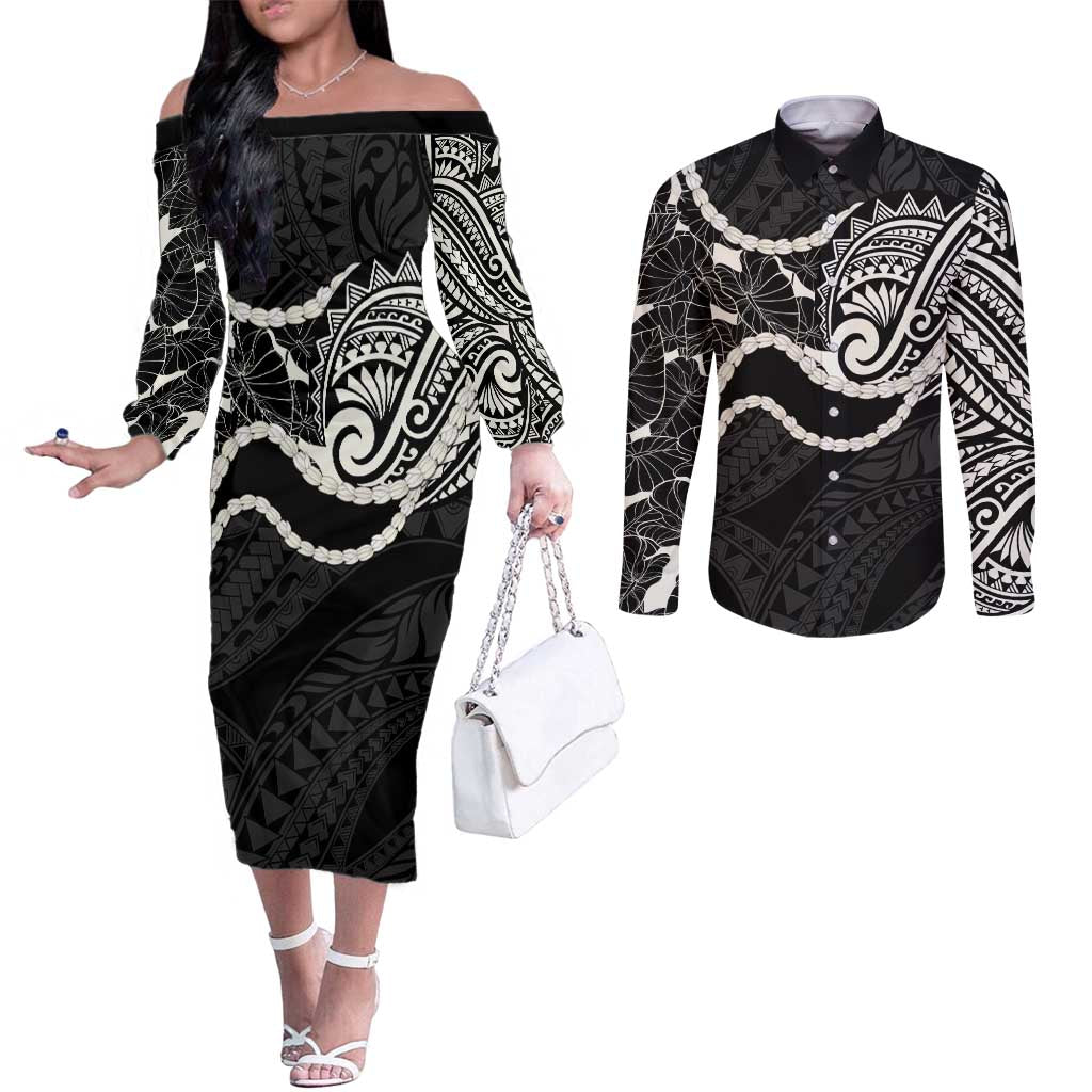 Aloha Hawaii Kalo Pikake Lei Couples Matching Off The Shoulder Long Sleeve Dress and Long Sleeve Button Shirt Chest Tattoo Black Hawaiian Pattern