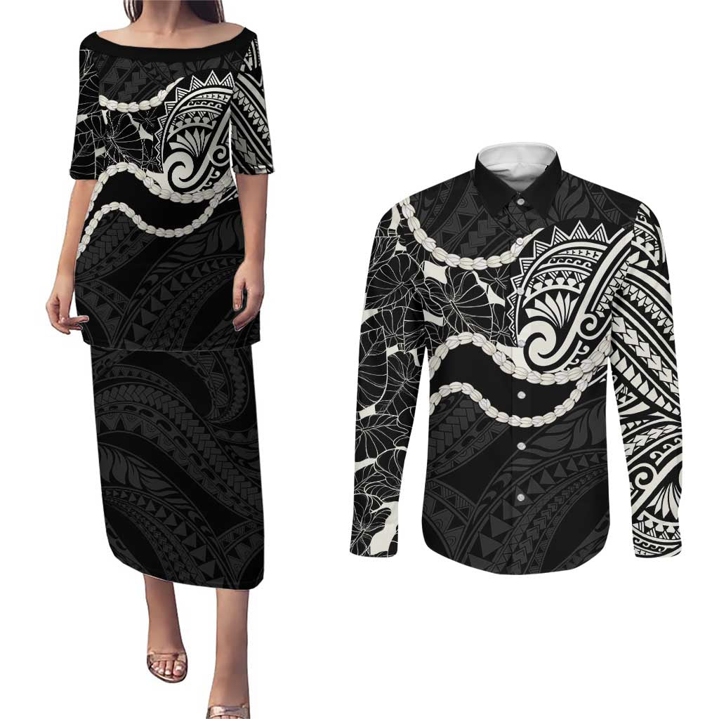 Aloha Hawaii Kalo Pikake Lei Couples Matching Puletasi and Long Sleeve Button Shirt Chest Tattoo Black Hawaiian Pattern LT14 Black - Polynesian Pride