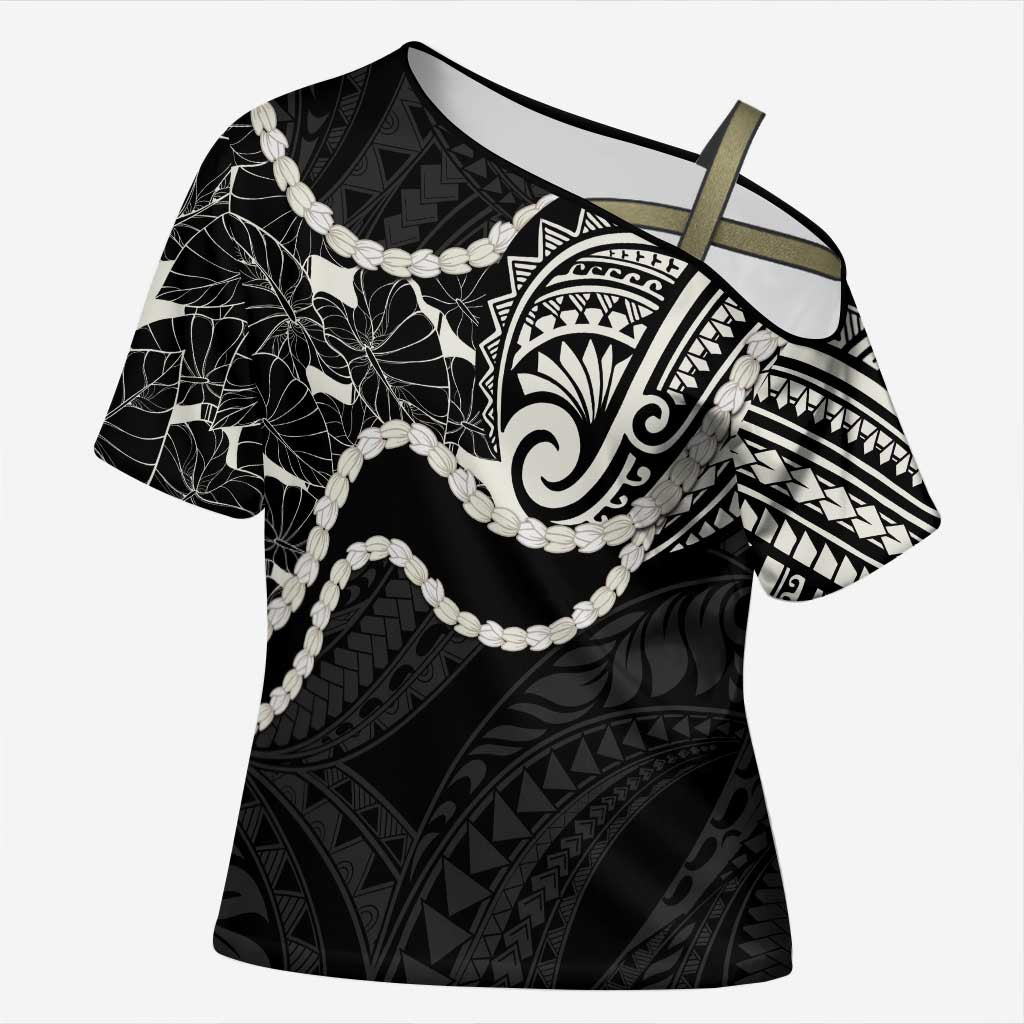 Aloha Hawaii Kalo Pikake Lei Cross Shoulder Shirt Chest Tattoo Black Hawaiian Pattern LT14 Female Black - Polynesian Pride