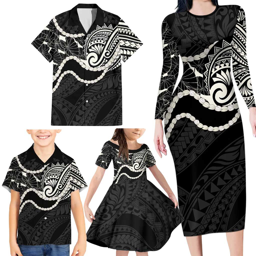 Aloha Hawaii Kalo Pikake Lei Family Matching Long Sleeve Bodycon Dress and Hawaiian Shirt Chest Tattoo Black Hawaiian Pattern LT14 - Polynesian Pride