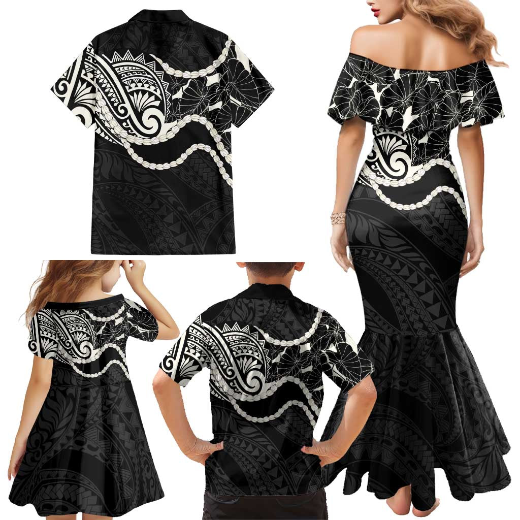 Aloha Hawaii Kalo Pikake Lei Family Matching Mermaid Dress and Hawaiian Shirt Chest Tattoo Black Hawaiian Pattern