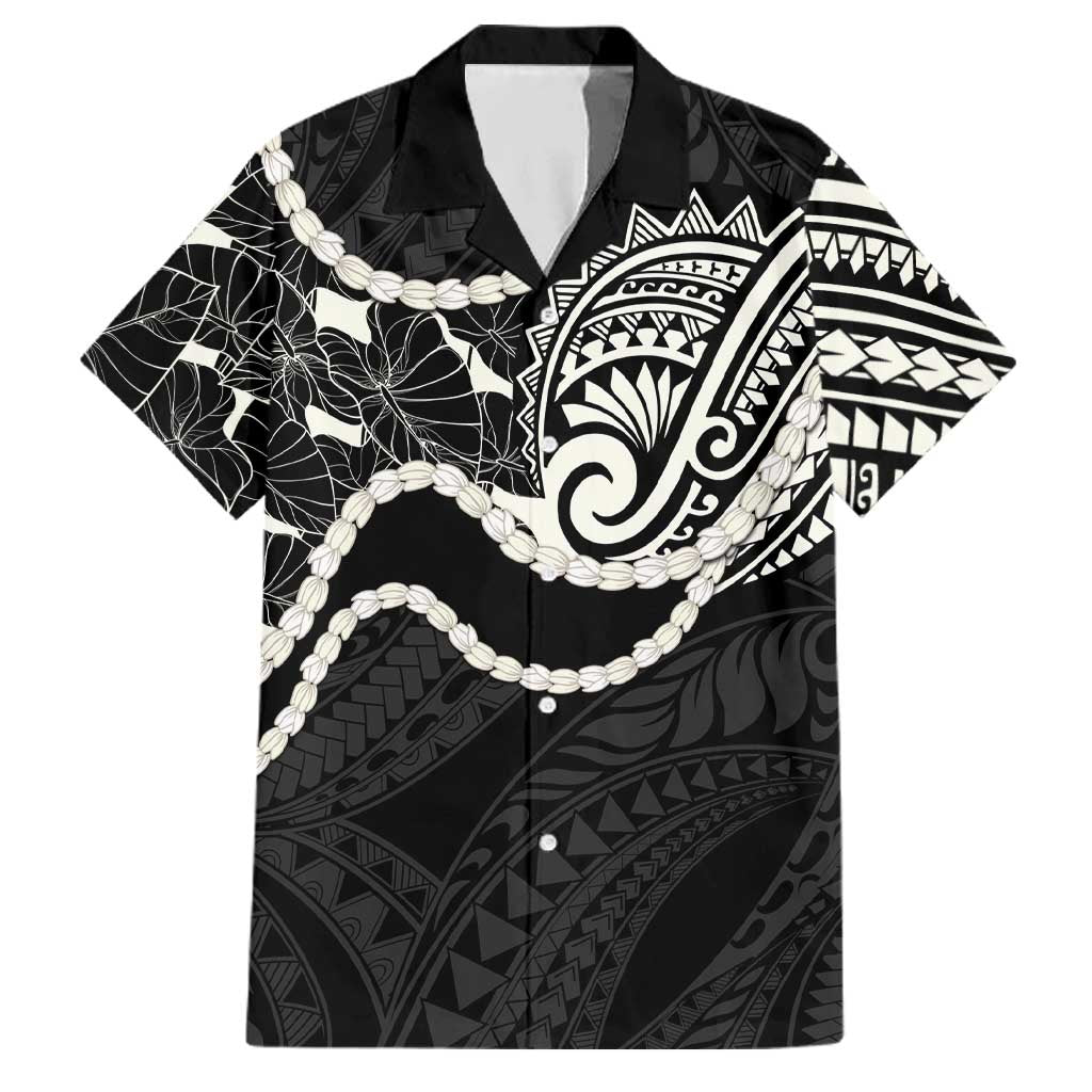 Aloha Hawaii Kalo Pikake Lei Family Matching Off The Shoulder Long Sleeve Dress and Hawaiian Shirt Chest Tattoo Black Hawaiian Pattern