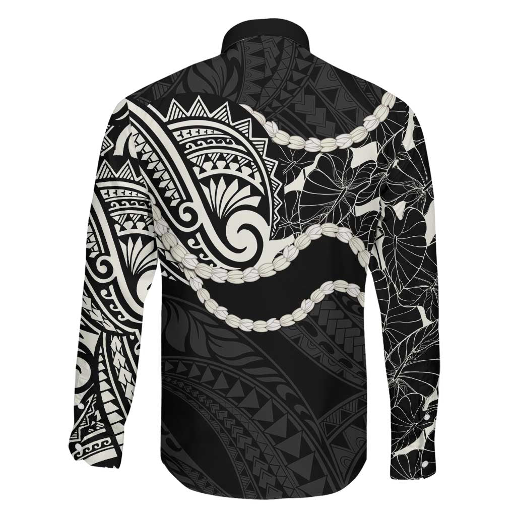 Aloha Hawaii Kalo Pikake Lei Family Matching Off The Shoulder Long Sleeve Dress and Hawaiian Shirt Chest Tattoo Black Hawaiian Pattern
