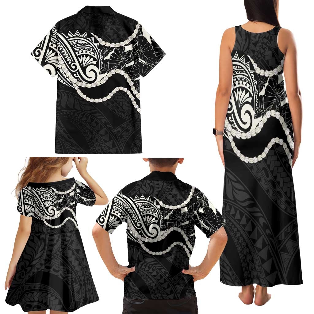 Aloha Hawaii Kalo Pikake Lei Family Matching Tank Maxi Dress and Hawaiian Shirt Chest Tattoo Black Hawaiian Pattern