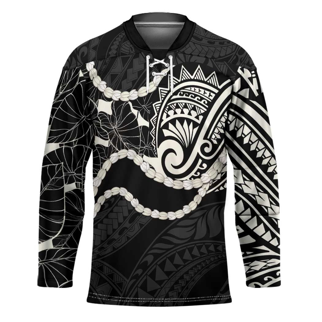 Aloha Hawaii Kalo Pikake Lei Hockey Jersey Chest Tattoo Black Hawaiian Pattern LT14 Unisex Black - Polynesian Pride