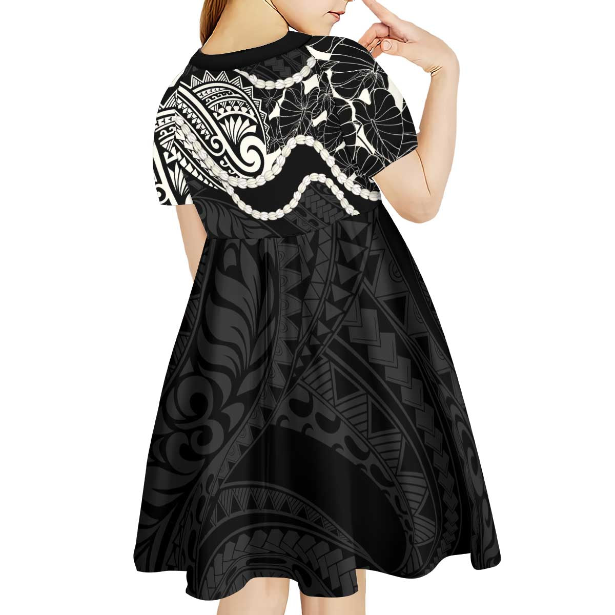 Aloha Hawaii Kalo Pikake Lei Kid Short Sleeve Dress Chest Tattoo Black Hawaiian Pattern LT14 - Polynesian Pride