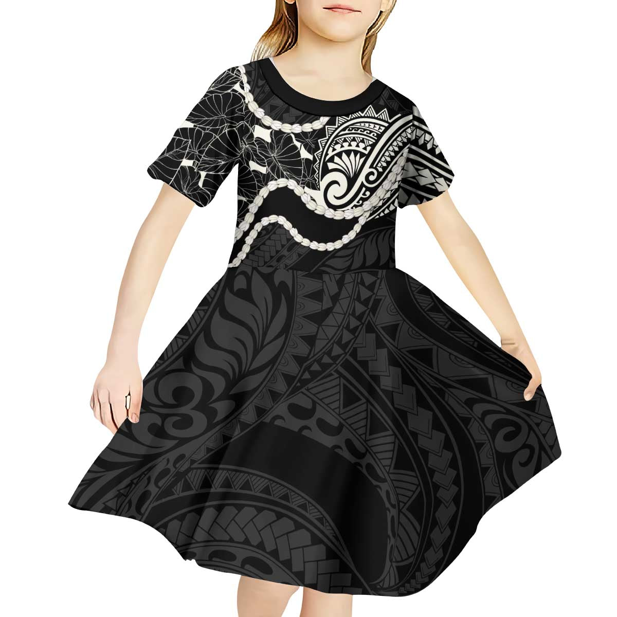 Aloha Hawaii Kalo Pikake Lei Kid Short Sleeve Dress Chest Tattoo Black Hawaiian Pattern LT14 - Polynesian Pride