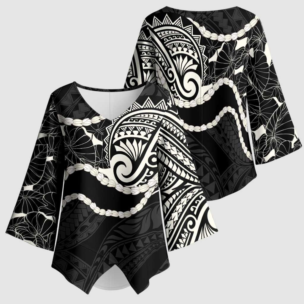Aloha Hawaii Kalo Pikake Lei Kimono Sleeve Blouse Chest Tattoo Black Hawaiian Pattern LT14 - Polynesian Pride
