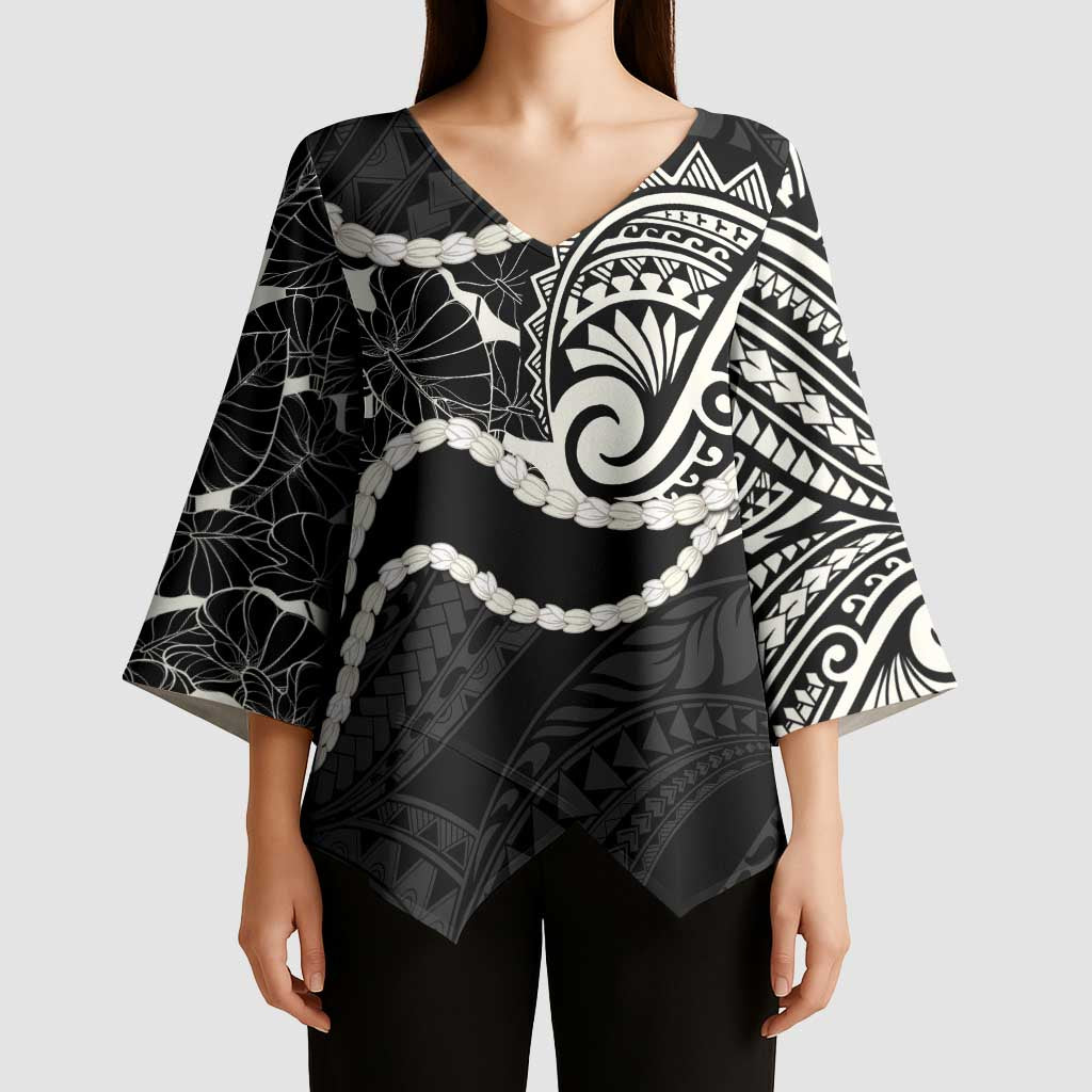 Aloha Hawaii Kalo Pikake Lei Kimono Sleeve Blouse Chest Tattoo Black Hawaiian Pattern LT14 - Polynesian Pride