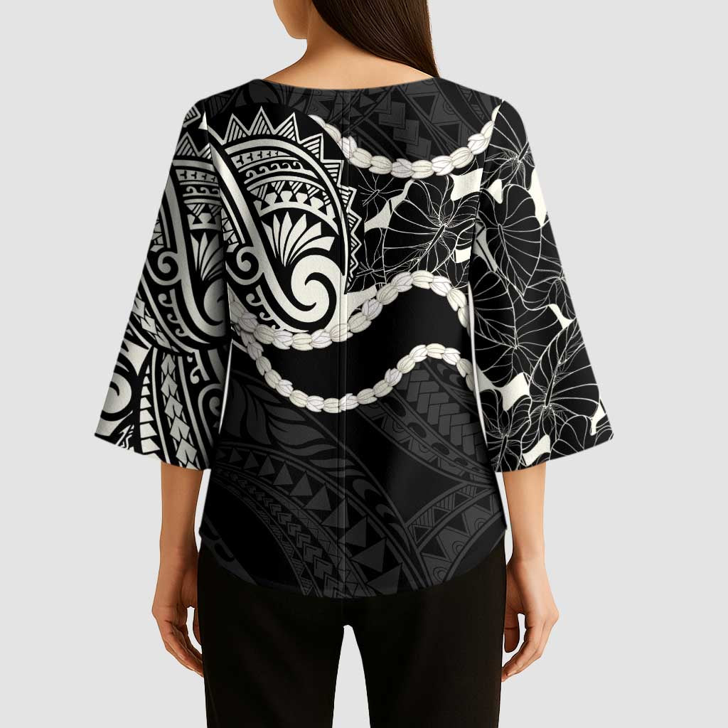 Aloha Hawaii Kalo Pikake Lei Kimono Sleeve Blouse Chest Tattoo Black Hawaiian Pattern LT14 - Polynesian Pride
