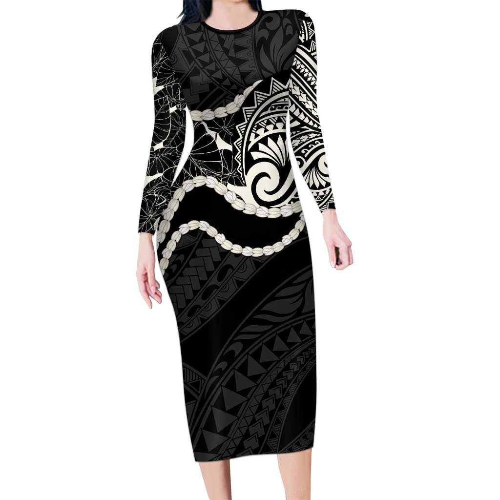 Aloha Hawaii Kalo Pikake Lei Long Sleeve Bodycon Dress Chest Tattoo Black Hawaiian Pattern