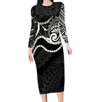 Aloha Hawaii Kalo Pikake Lei Long Sleeve Bodycon Dress Chest Tattoo Black Hawaiian Pattern