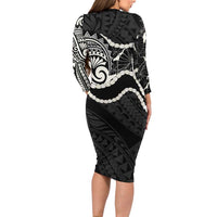 Aloha Hawaii Kalo Pikake Lei Long Sleeve Bodycon Dress Chest Tattoo Black Hawaiian Pattern